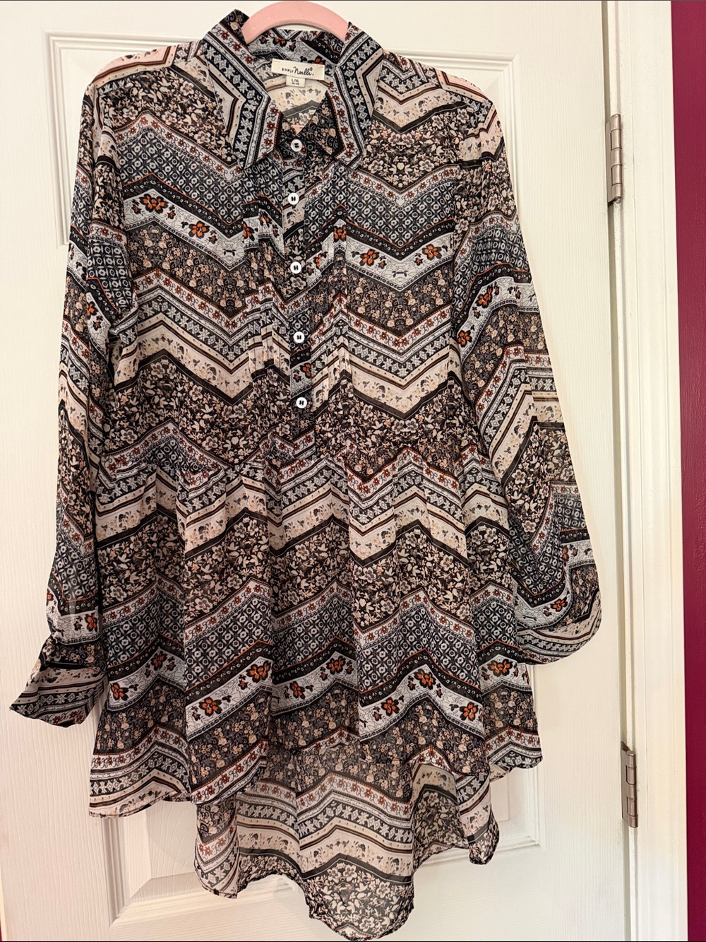 Simply Noelle Black, Cream & Rust Printed Button-Front Tunic